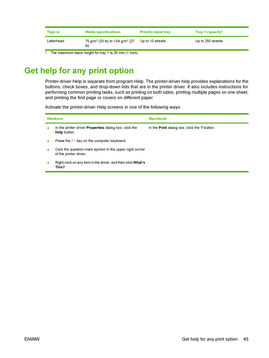 HP M1300 manual Get help for any print option, Windows 