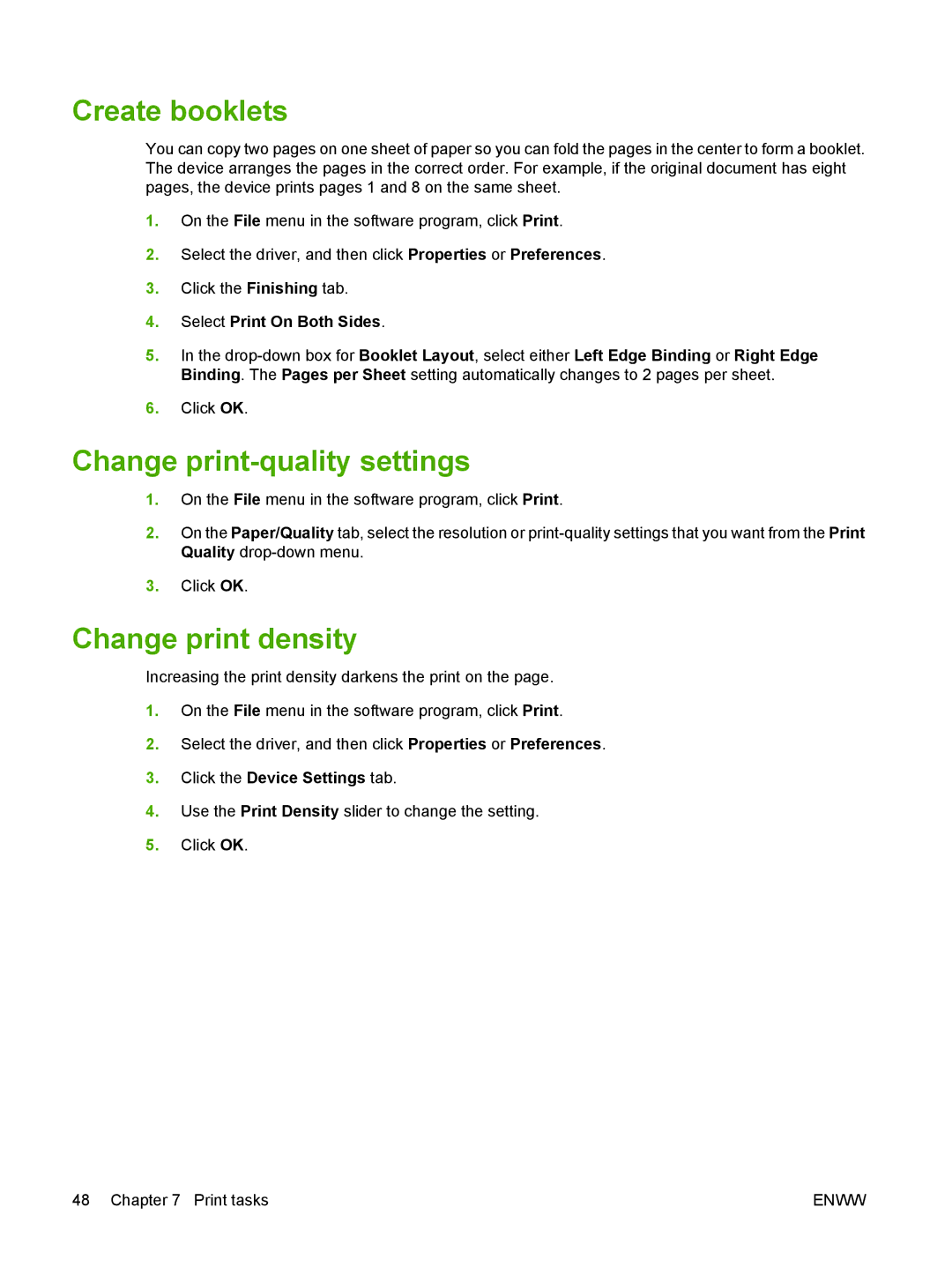 HP M1300 manual Create booklets, Change print-quality settings, Change print density 