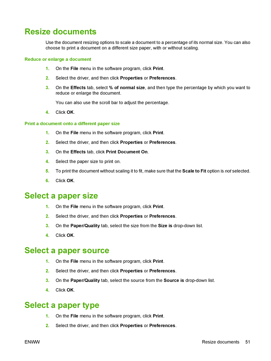 HP M1300 manual Resize documents, Select a paper size, Select a paper source, Select a paper type 