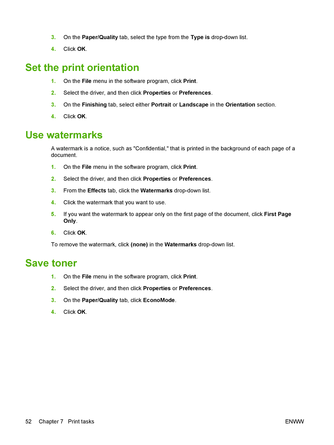 HP M1300 manual Set the print orientation, Use watermarks, Save toner 