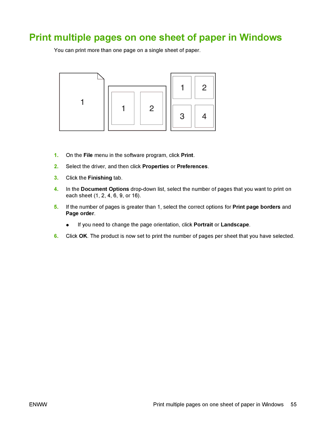 HP M1300 manual Print multiple pages on one sheet of paper in Windows 