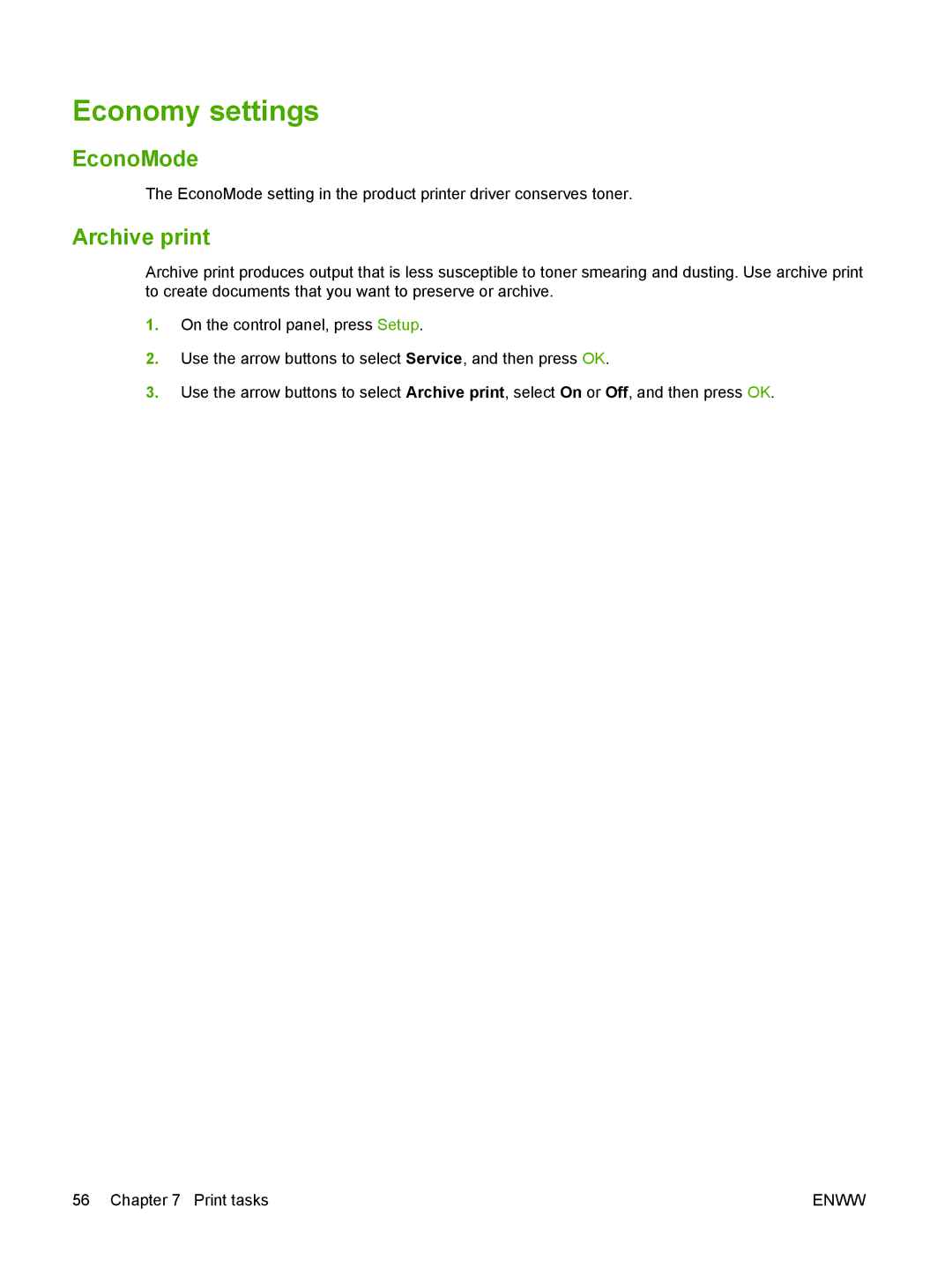 HP M1300 manual Economy settings, EconoMode, Archive print 