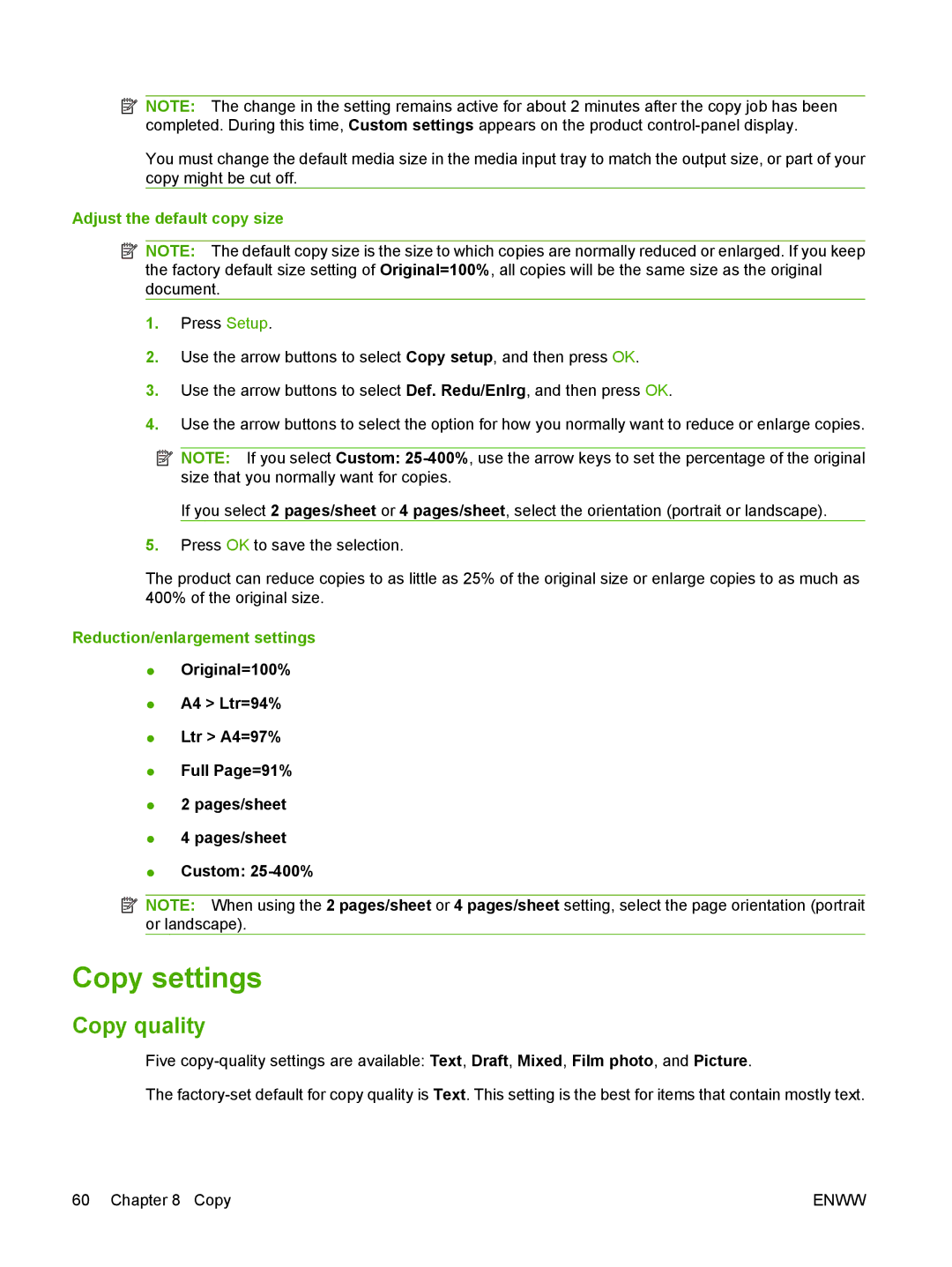 HP M1300 manual Copy settings, Copy quality, Adjust the default copy size, Reduction/enlargement settings 