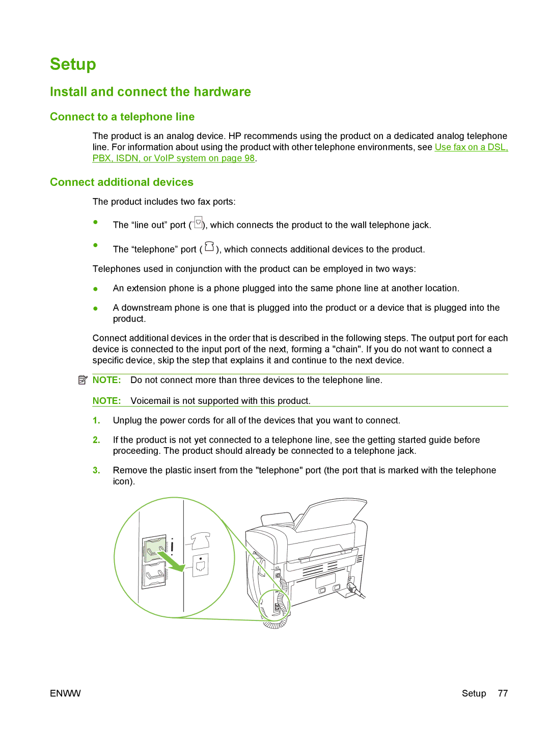 HP M1300 manual Setup, Install and connect the hardware, Connect to a telephone line, Connect additional devices 