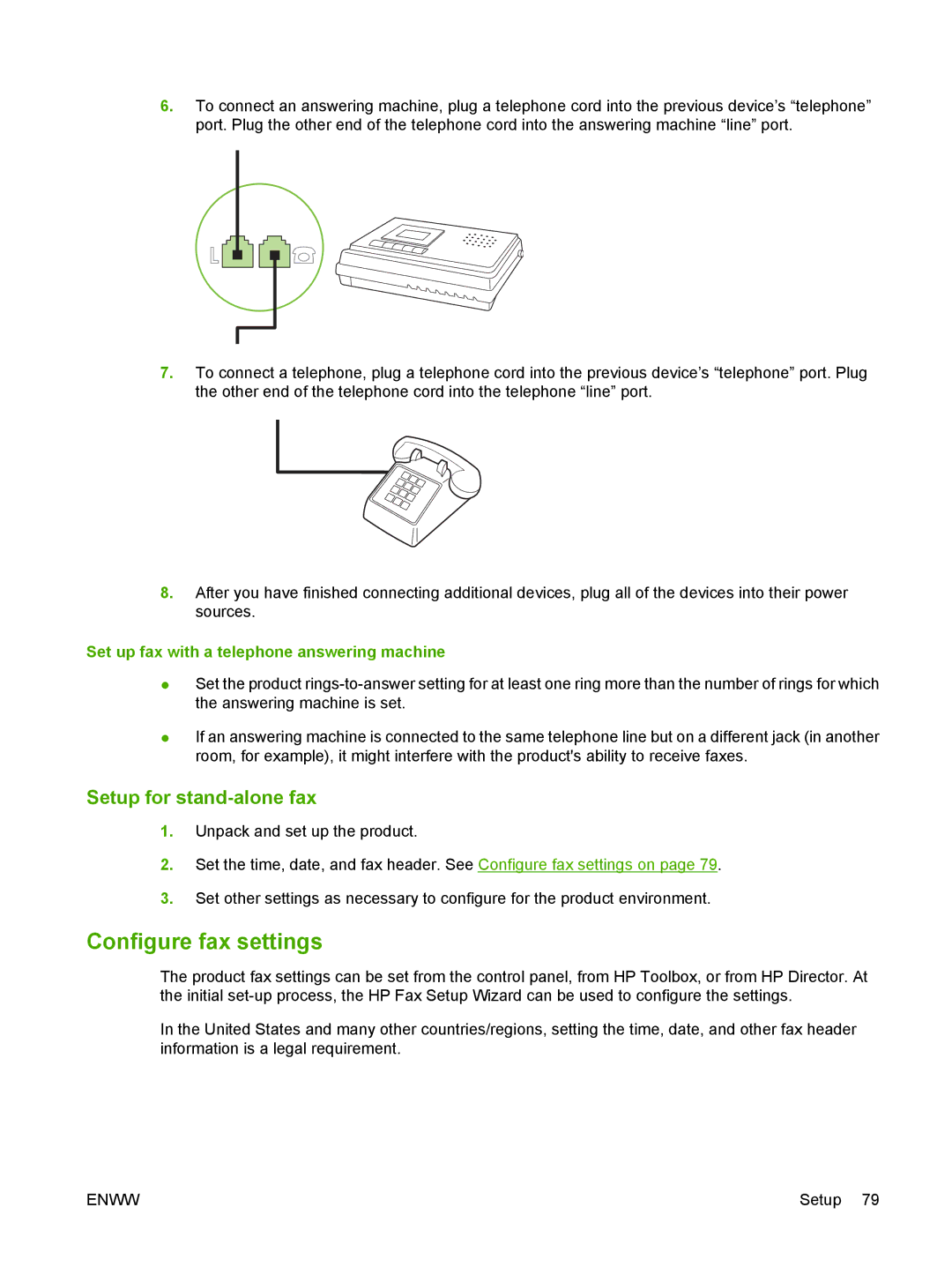 HP M1300 manual Configure fax settings, Setup for stand-alone fax, Set up fax with a telephone answering machine 