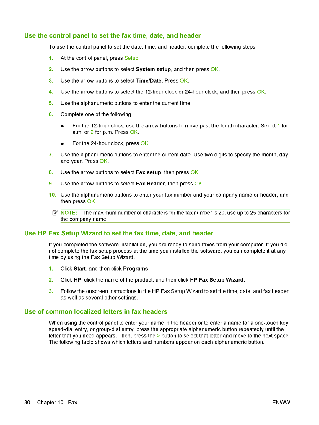 HP M1300 manual Use the control panel to set the fax time, date, and header, Use of common localized letters in fax headers 