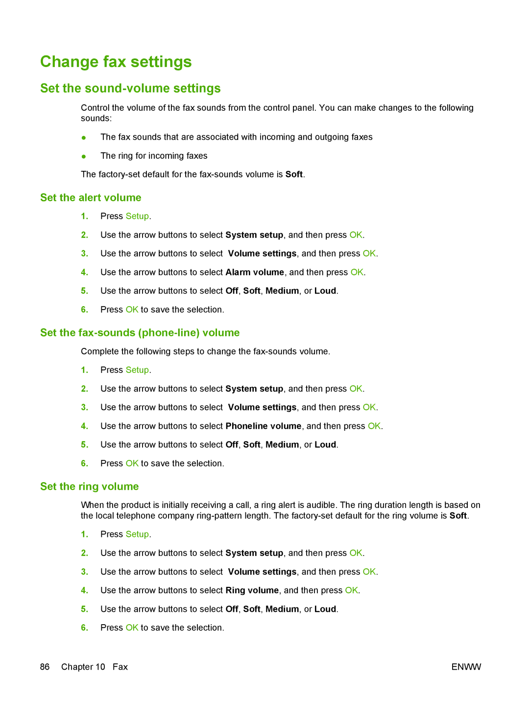 HP M1300 Change fax settings, Set the sound-volume settings, Set the alert volume, Set the fax-sounds phone-line volume 