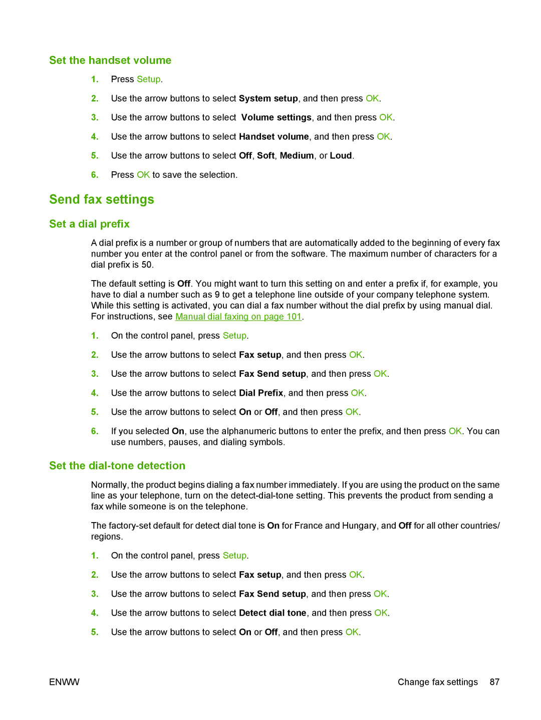 HP M1300 manual Send fax settings, Set the handset volume, Set a dial prefix, Set the dial-tone detection 