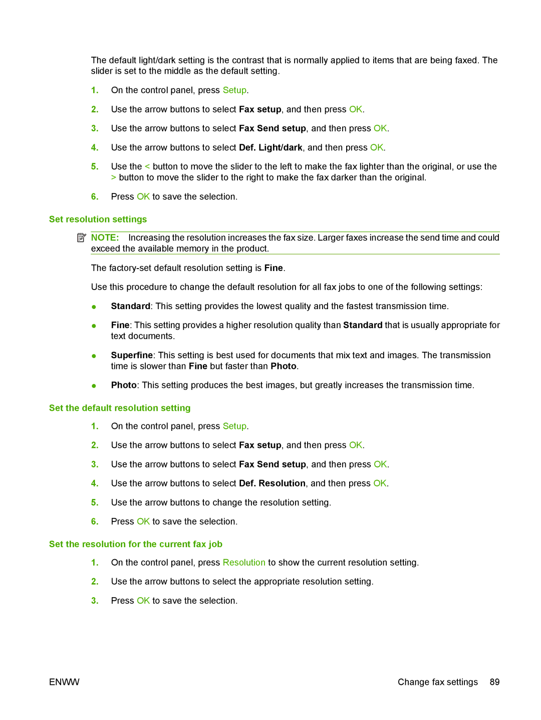 HP M1300 manual Set resolution settings, Set the default resolution setting, Set the resolution for the current fax job 