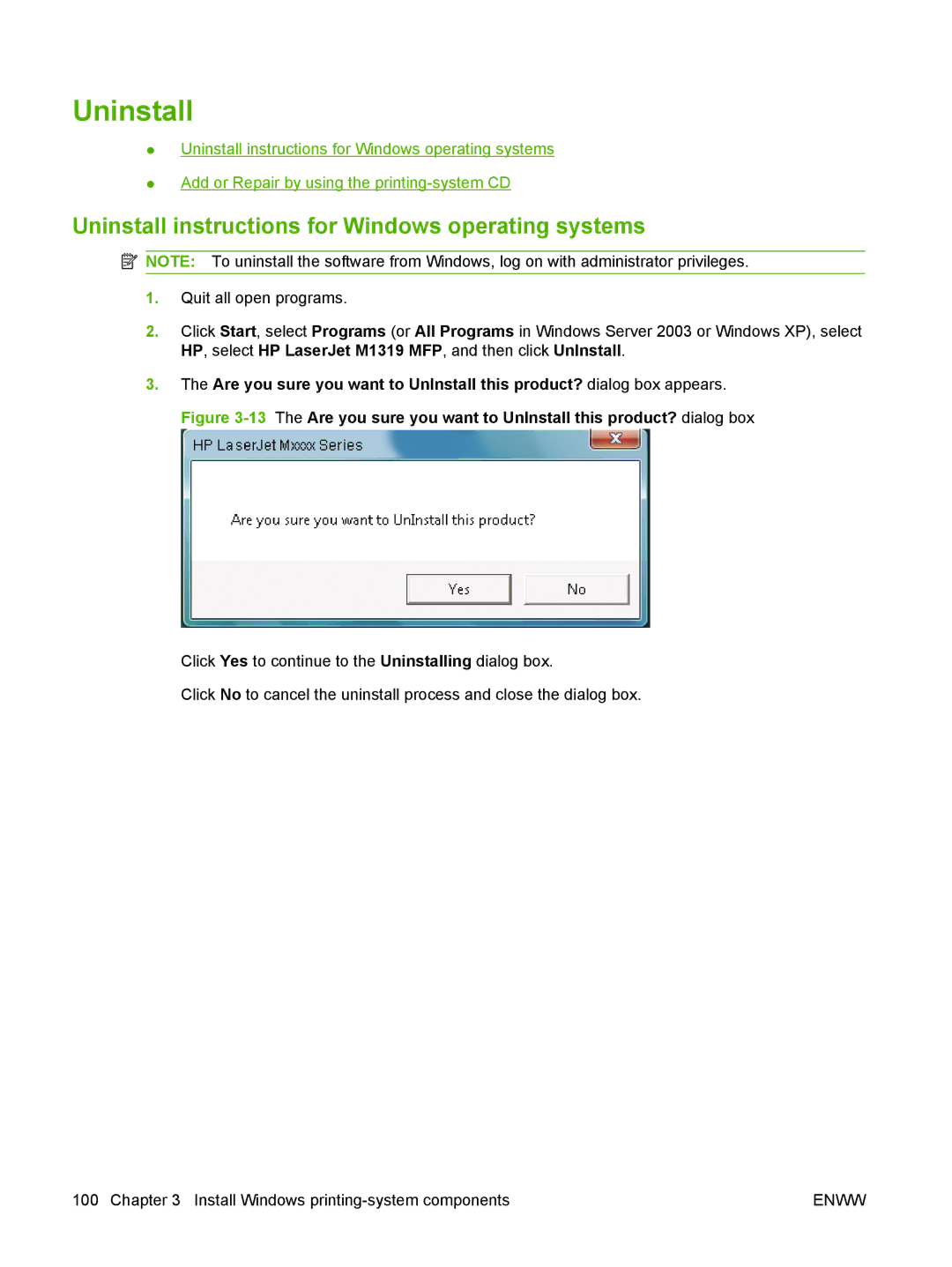 HP M1300 manual Uninstall instructions for Windows operating systems 