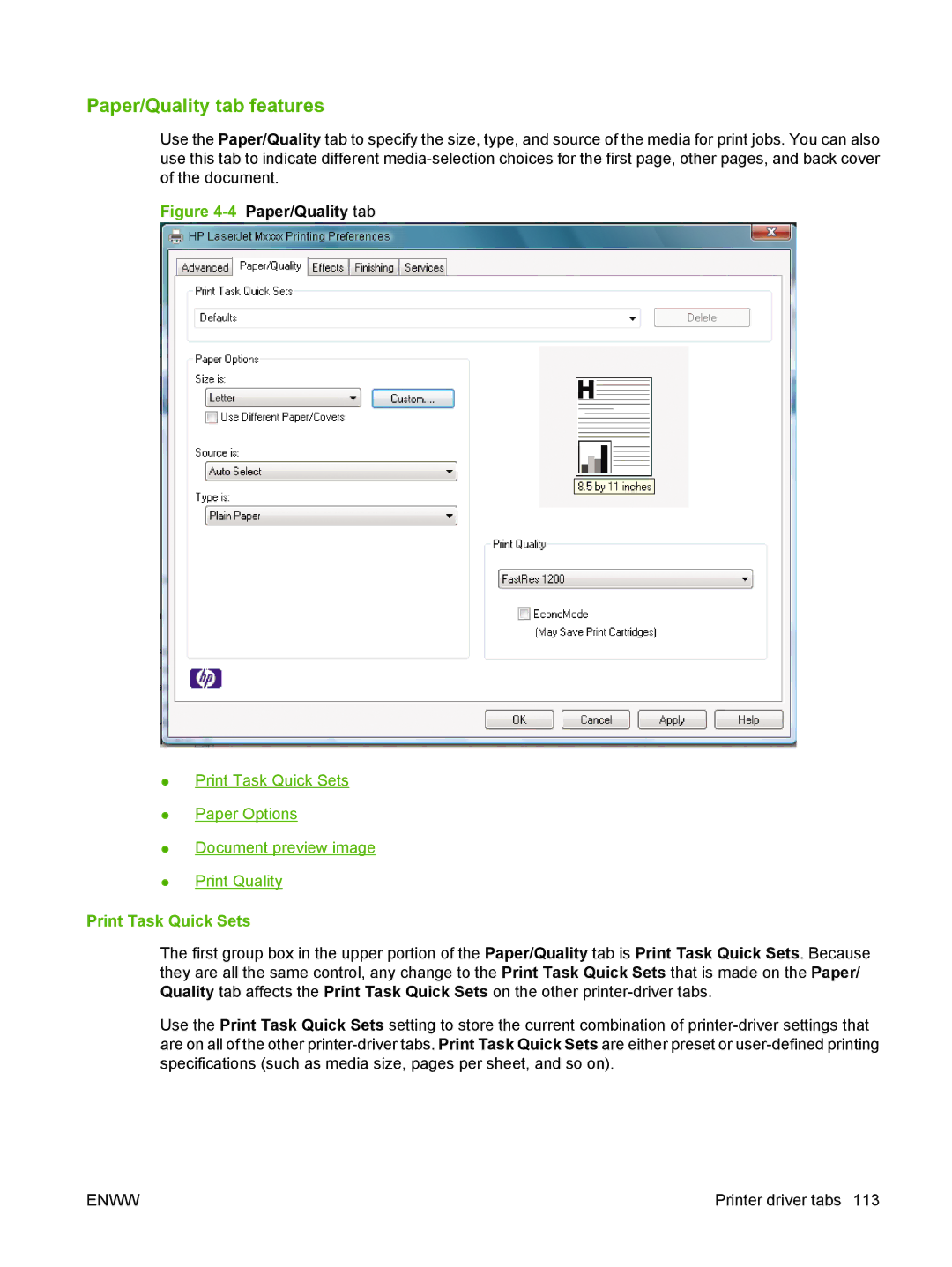 HP M1300 manual Paper/Quality tab features, 4Paper/Quality tab 