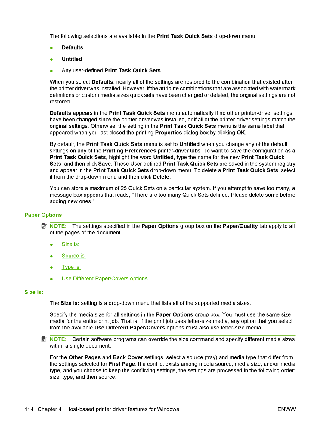 HP M1300 manual Paper Options, Size is 