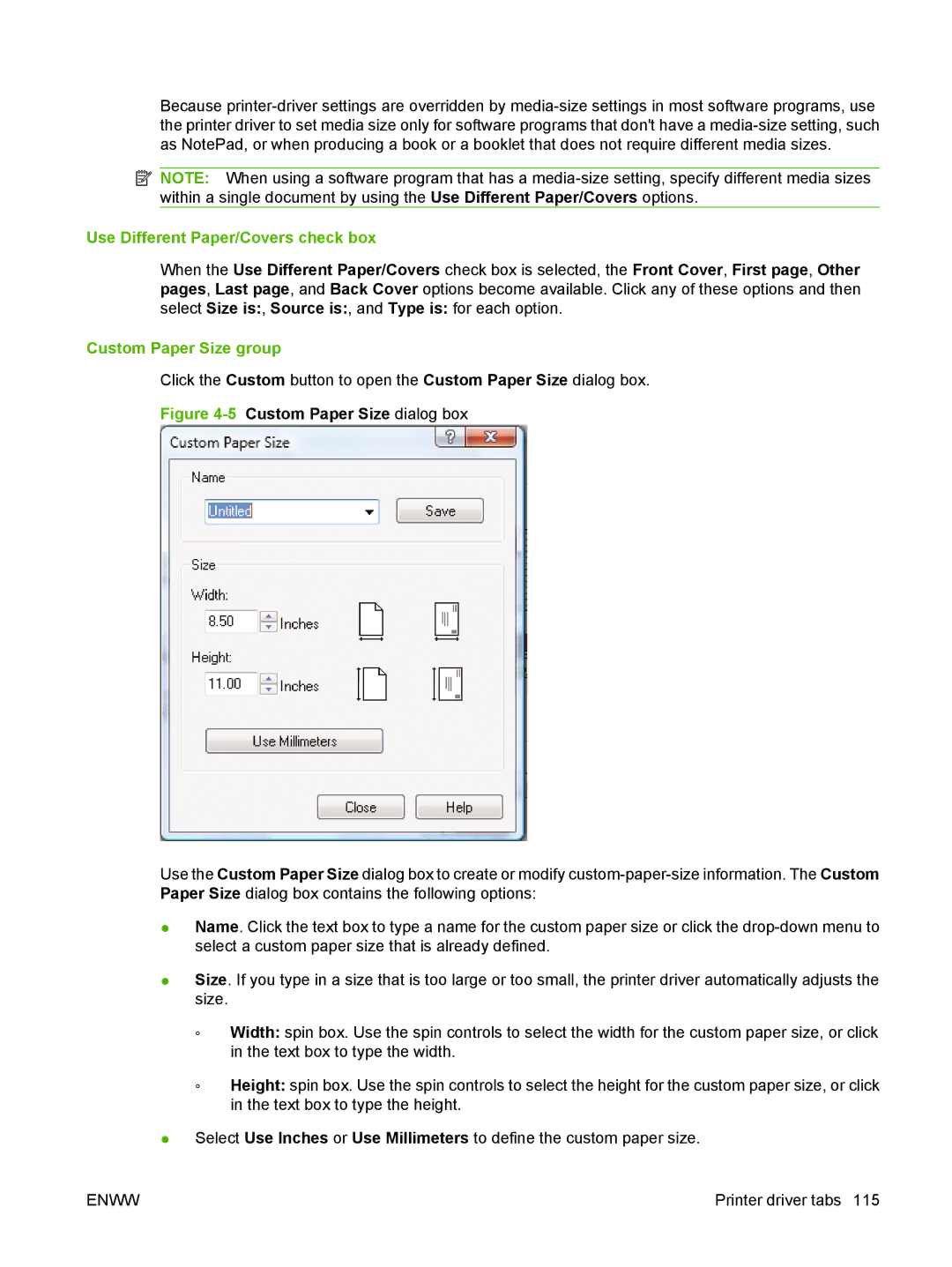 HP M1300 manual Use Different Paper/Covers check box, Custom Paper Size group 