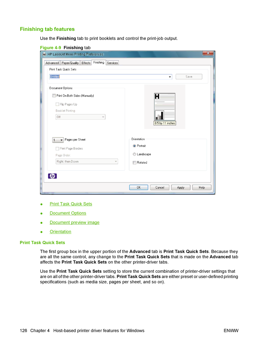 HP M1300 manual Finishing tab features 