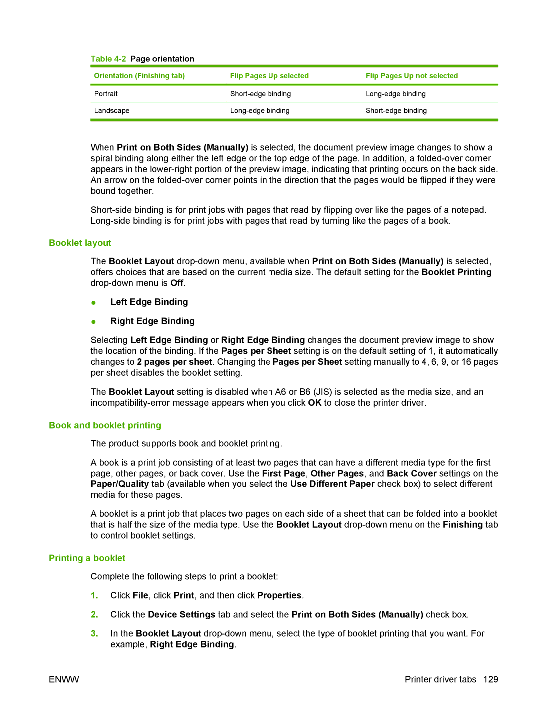 HP M1300 manual Booklet layout, Left Edge Binding Right Edge Binding, Book and booklet printing, Printing a booklet 