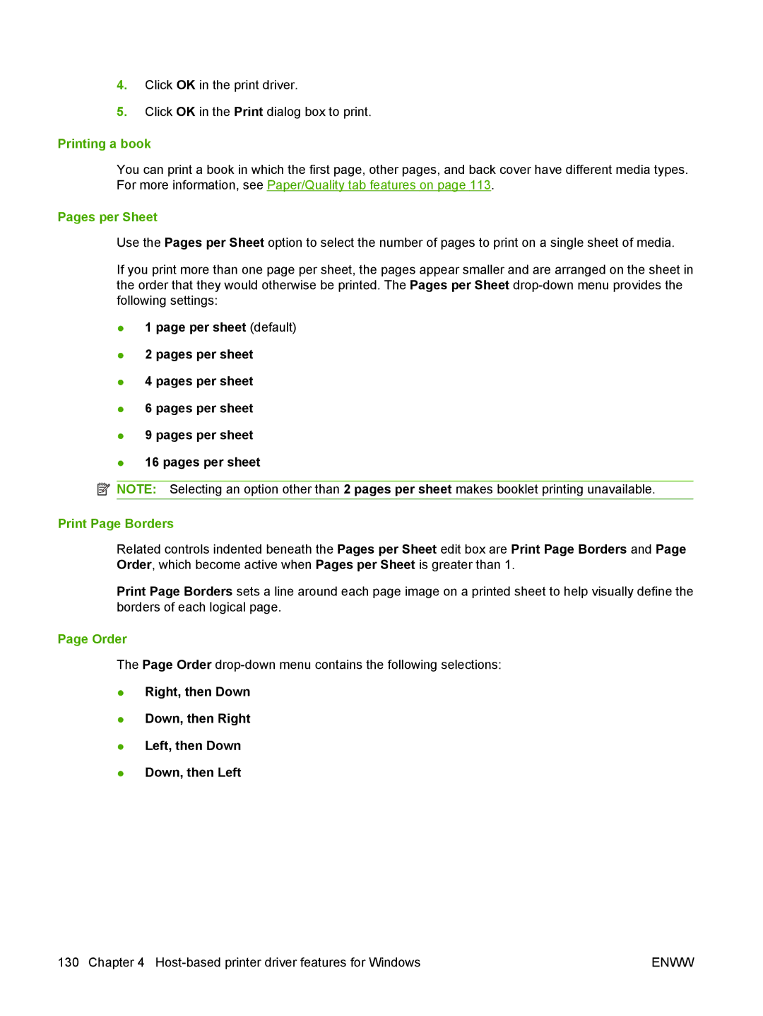 HP M1300 manual Printing a book, Pages per Sheet, Per sheet default Pages per sheet, Print Page Borders, Order 