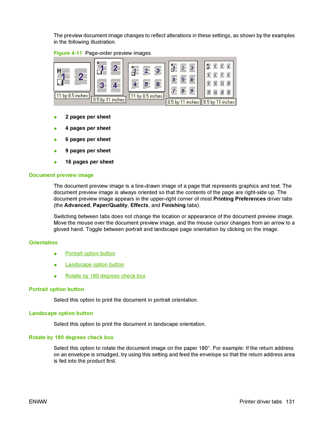 HP M1300 manual Orientation, Portrait option button, Landscape option button, Rotate by 180 degrees check box 