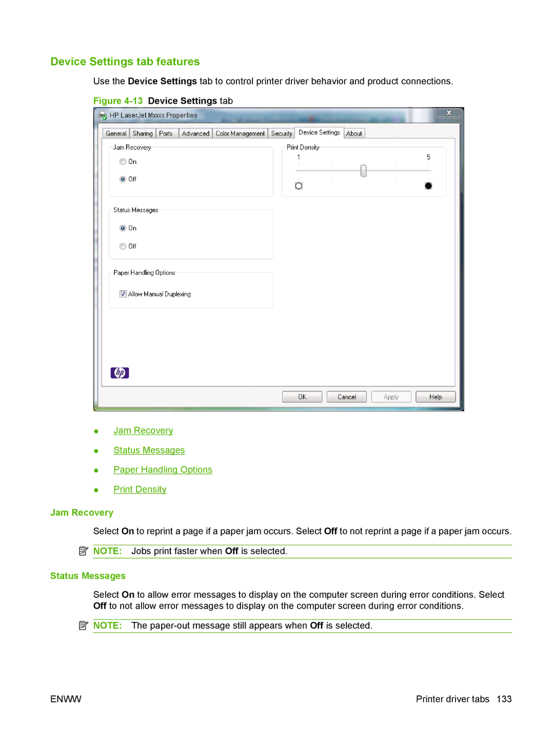 HP M1300 manual Device Settings tab features, Jam Recovery, Status Messages 