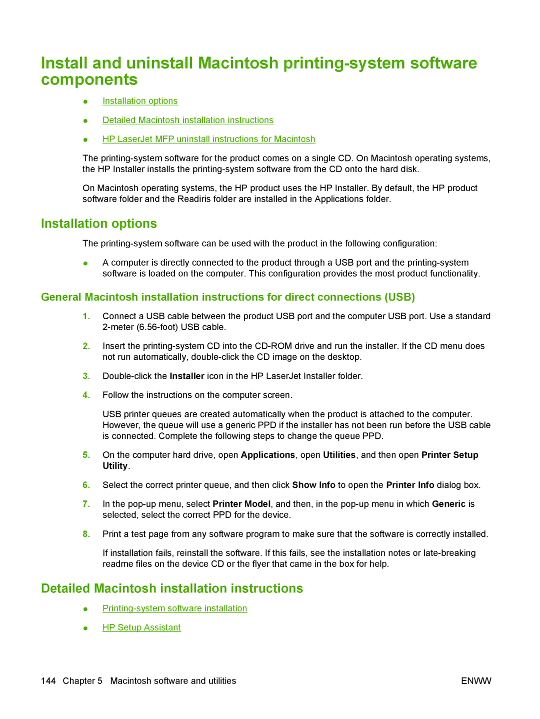 HP M1300 manual Installation options, Detailed Macintosh installation instructions 