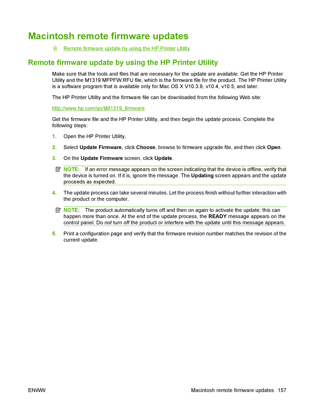 HP M1300 manual Macintosh remote firmware updates, Remote firmware update by using the HP Printer Utility 
