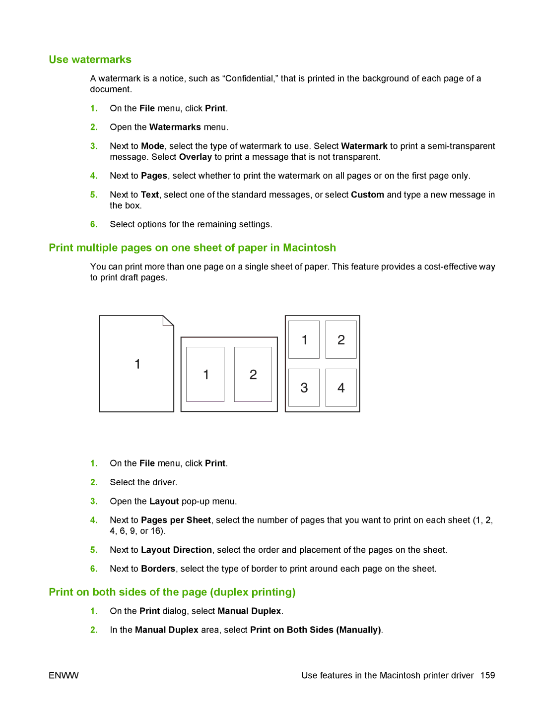 HP M1300 manual Use watermarks, Print multiple pages on one sheet of paper in Macintosh 