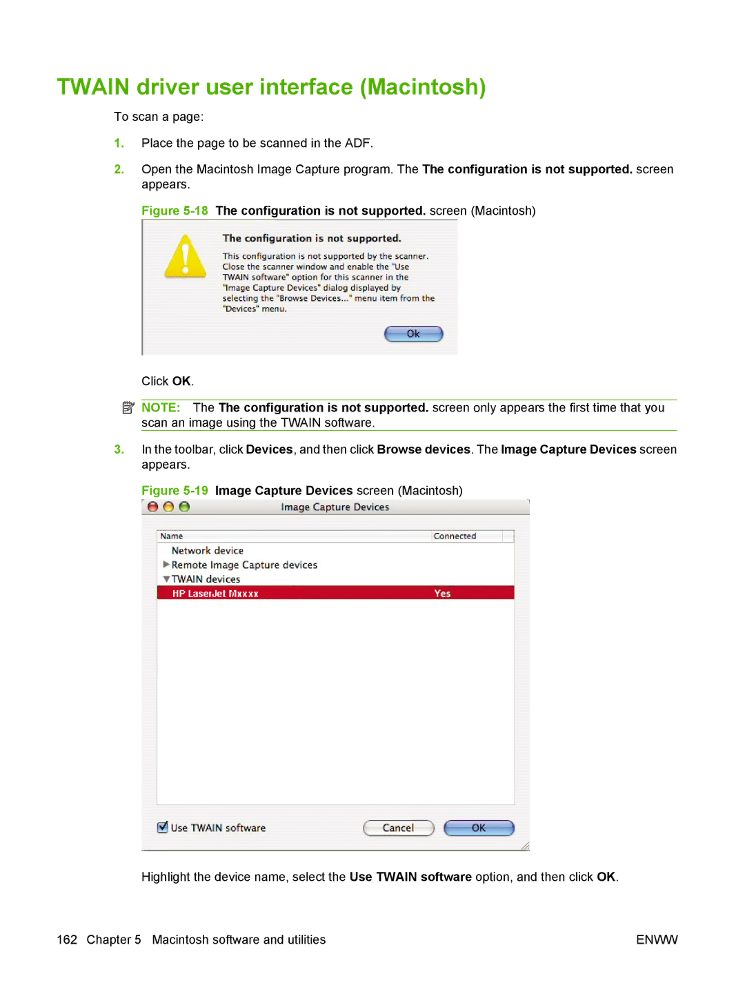 HP M1300 manual Twain driver user interface Macintosh, 18The configuration is not supported. screen Macintosh 