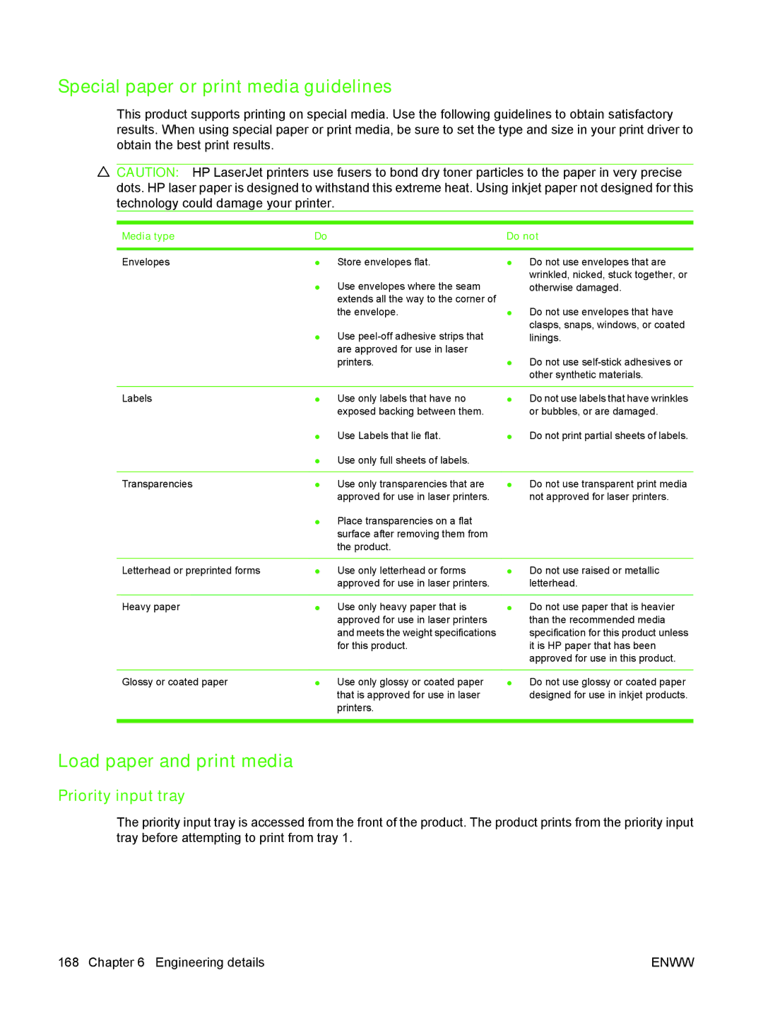 HP M1300 manual Special paper or print media guidelines, Load paper and print media, Priority input tray 