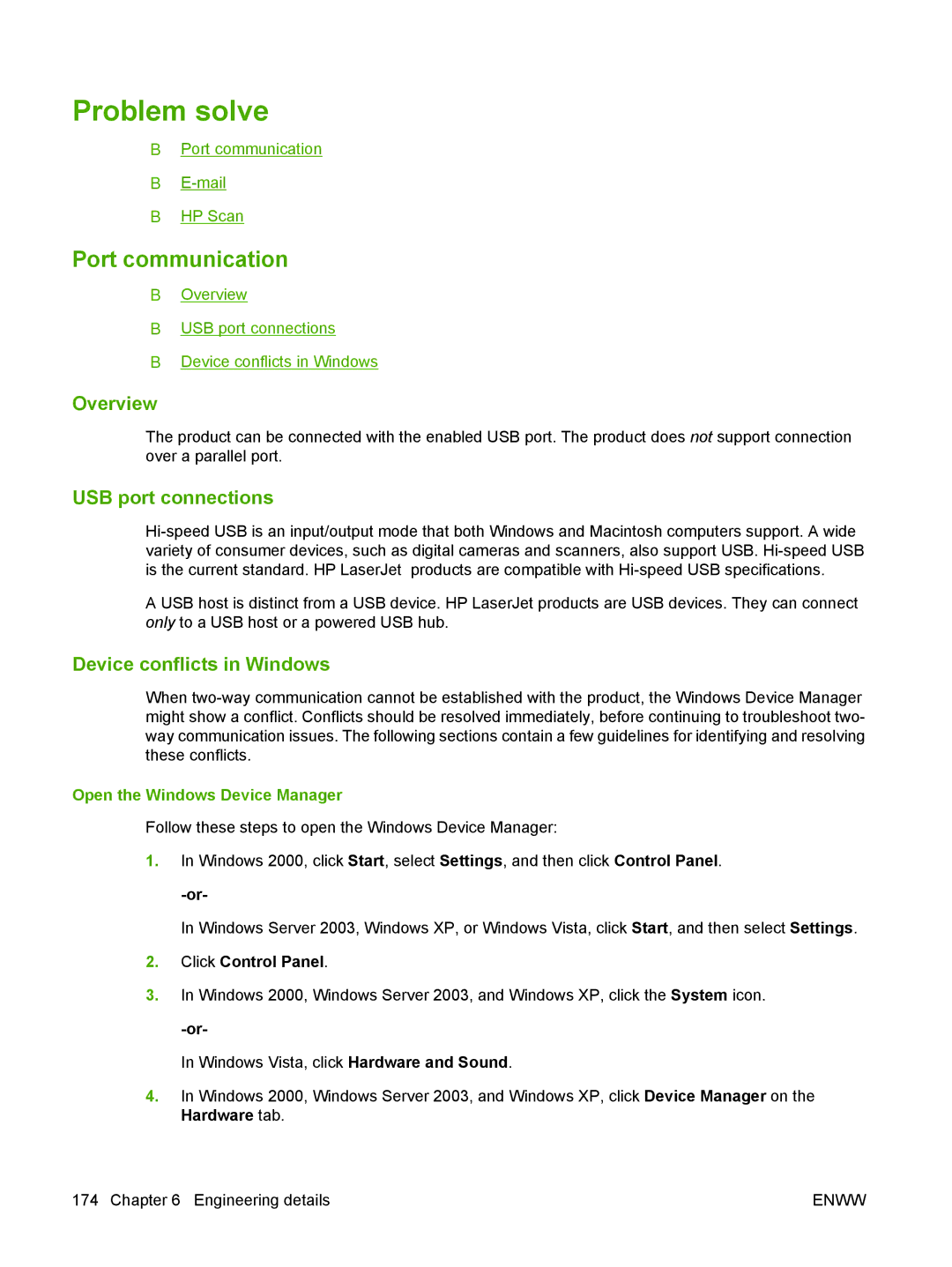 HP M1300 manual Problem solve, Port communication, Overview, USB port connections, Device conflicts in Windows 