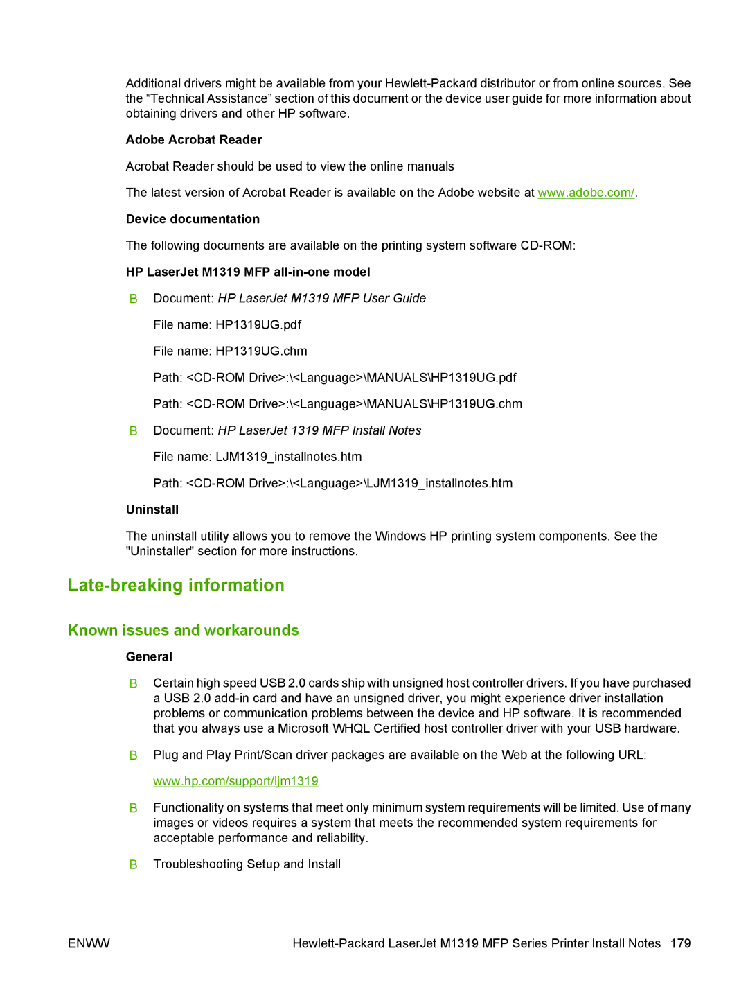 HP M1300 manual Late-breaking information, Known issues and workarounds 