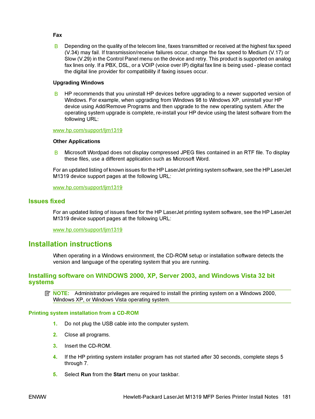 HP M1300 manual Installation instructions, Issues fixed, Upgrading Windows, Other Applications 