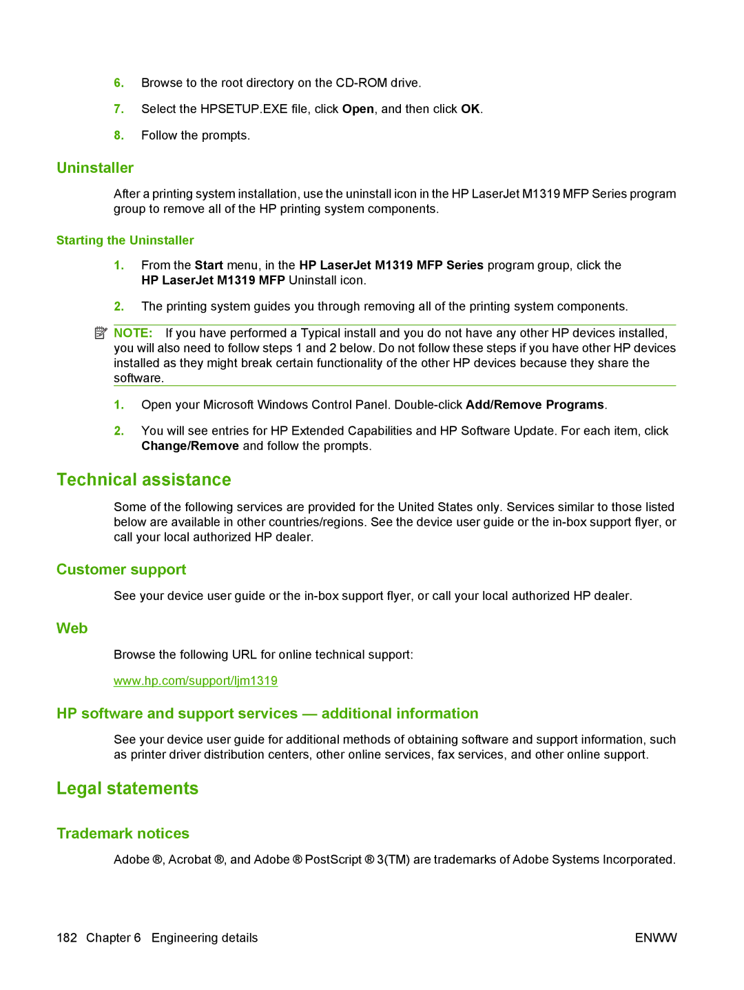 HP M1300 manual Technical assistance, Legal statements 