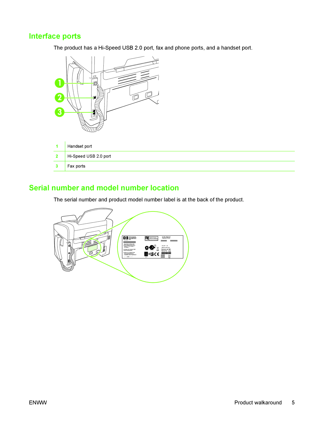 HP M1300 manual Interface ports, Serial number and model number location 