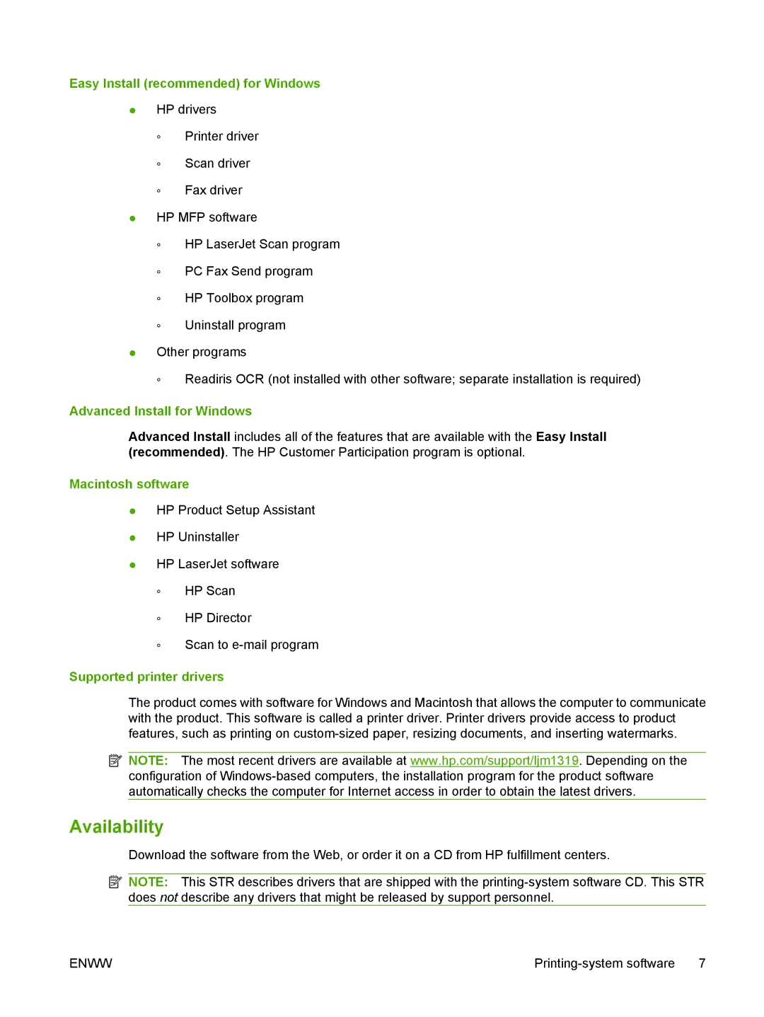 HP M1300 manual Availability, Easy Install recommended for Windows, Advanced Install for Windows, Macintosh software 