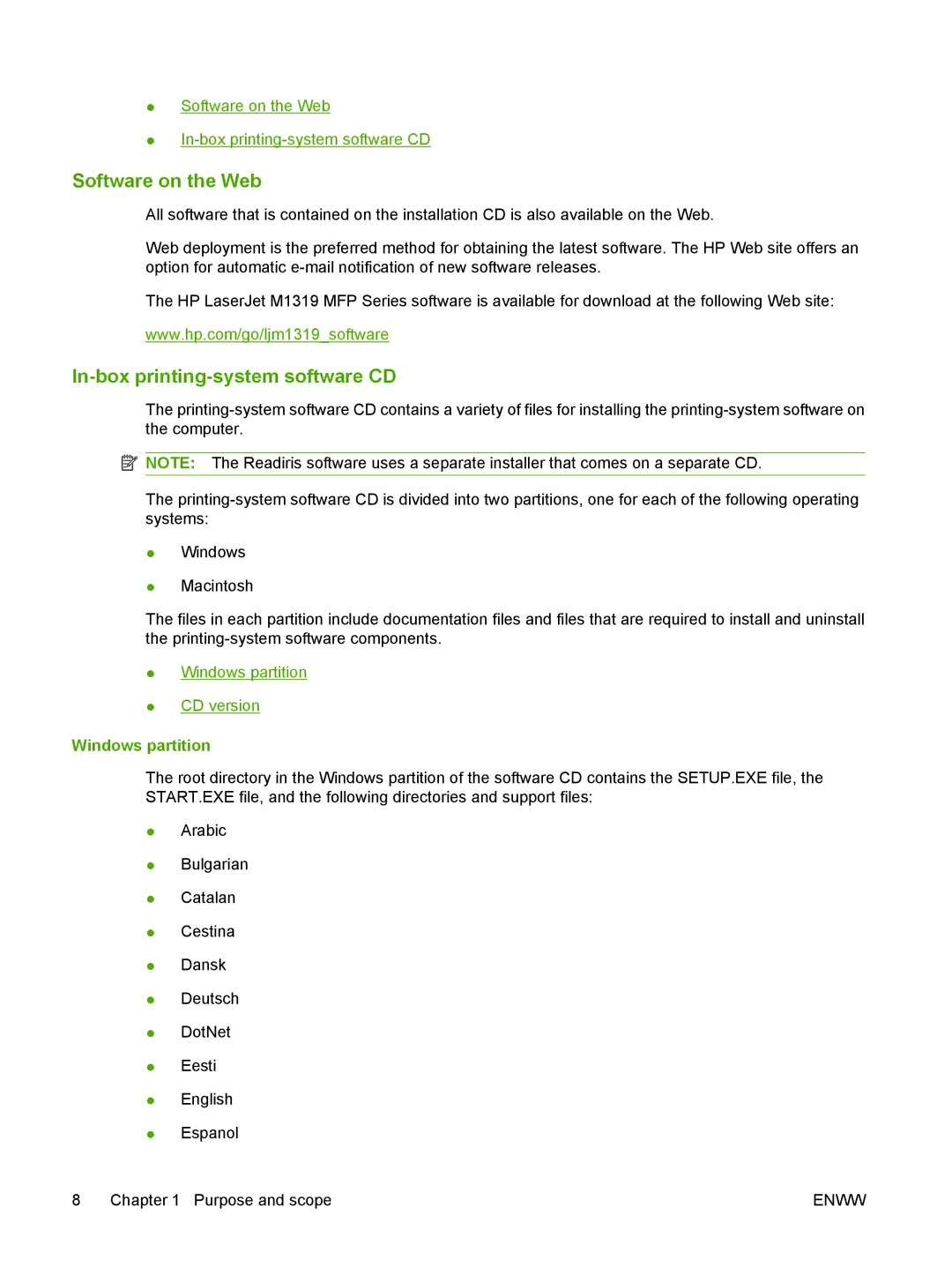 HP M1300 manual Software on the Web, In-box printing-system software CD, Windows partition 