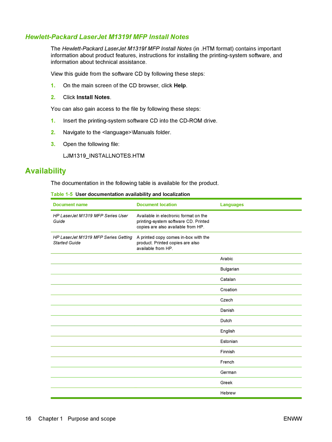 HP M1300 manual Click Install Notes, 5User documentation availability and localization 