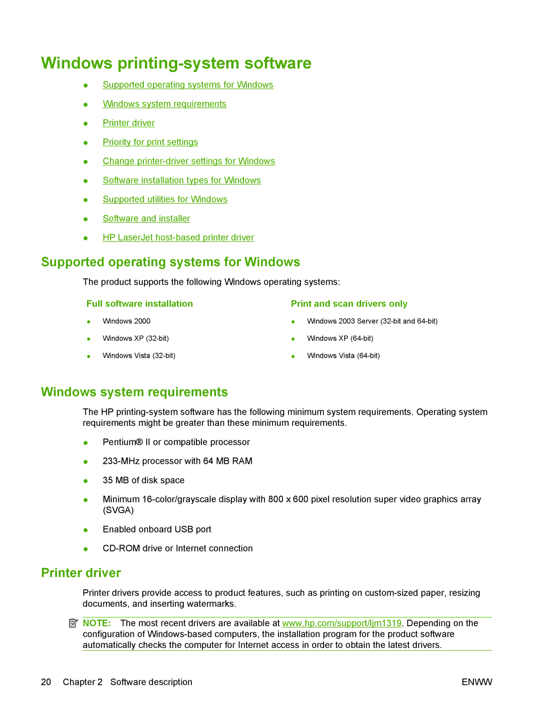 HP M1300 manual Windows printing-system software, Supported operating systems for Windows, Windows system requirements 