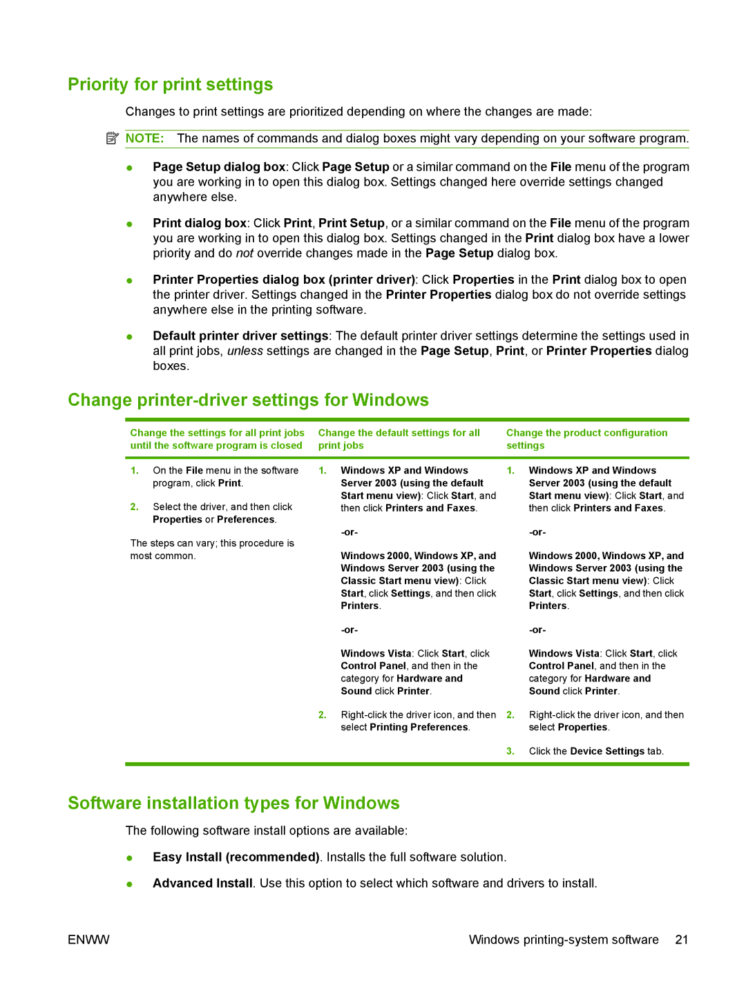 HP M1300 Priority for print settings, Change printer-driver settings for Windows, Software installation types for Windows 