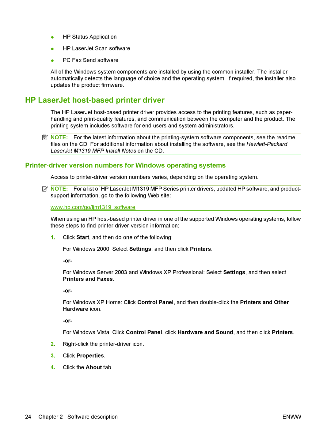 HP M1300 manual HP LaserJet host-based printer driver, Click Properties 