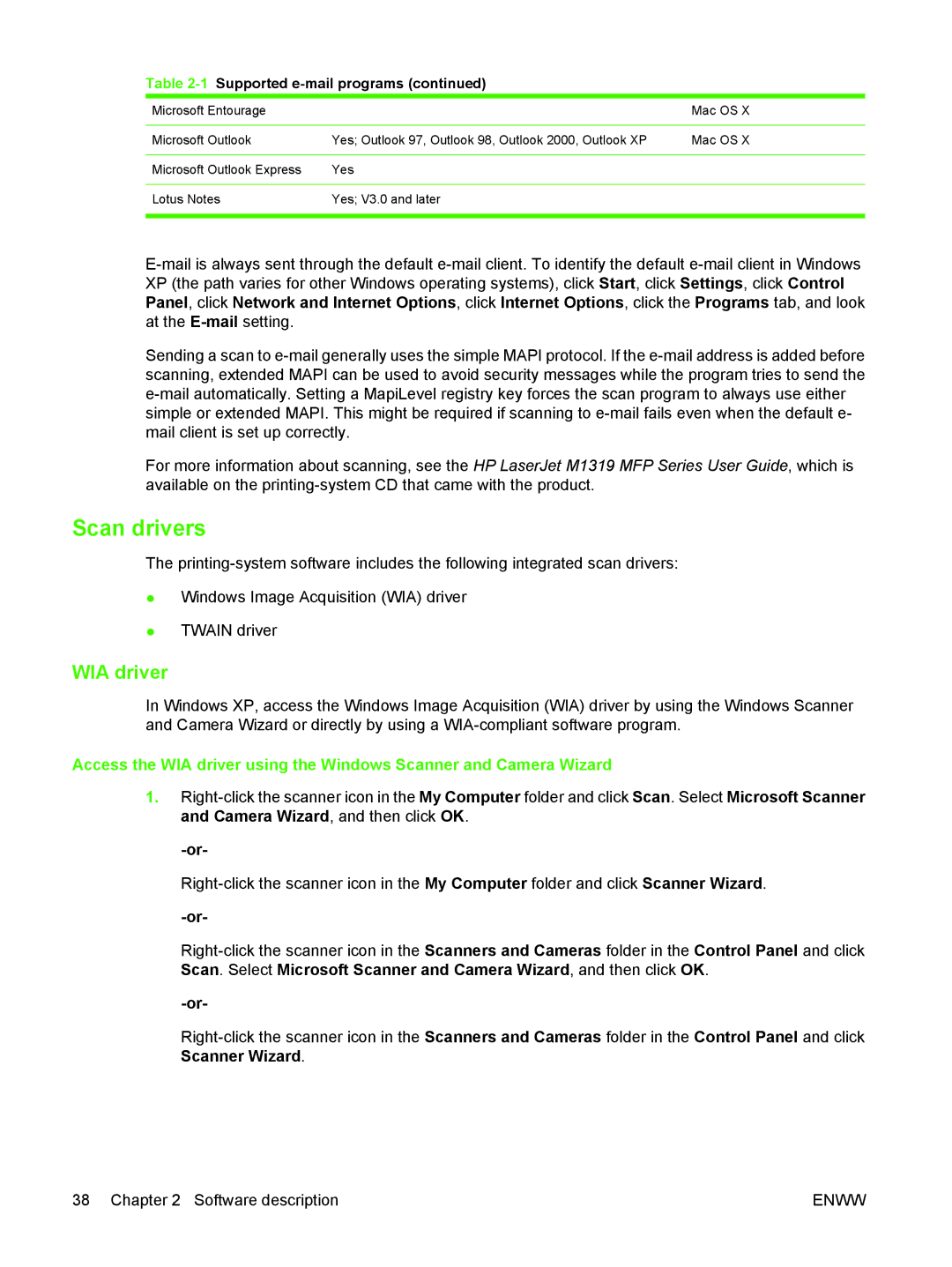 HP M1300 manual Scan drivers, WIA driver 