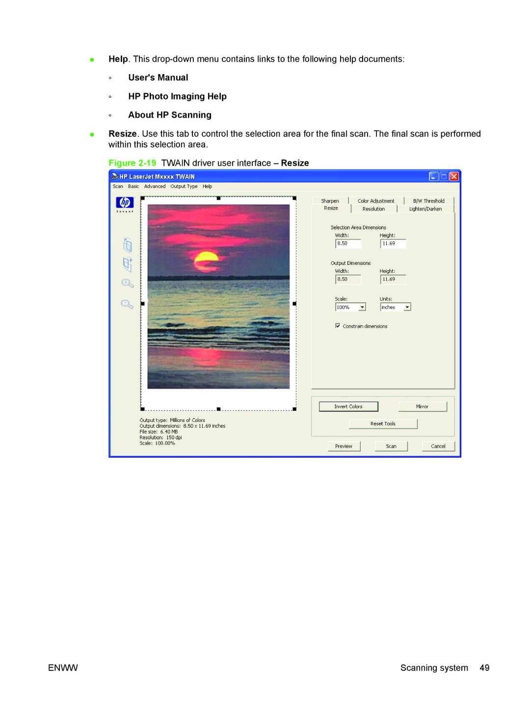 HP M1300 manual HP Photo Imaging Help About HP Scanning, 19TWAIN driver user interface Resize 