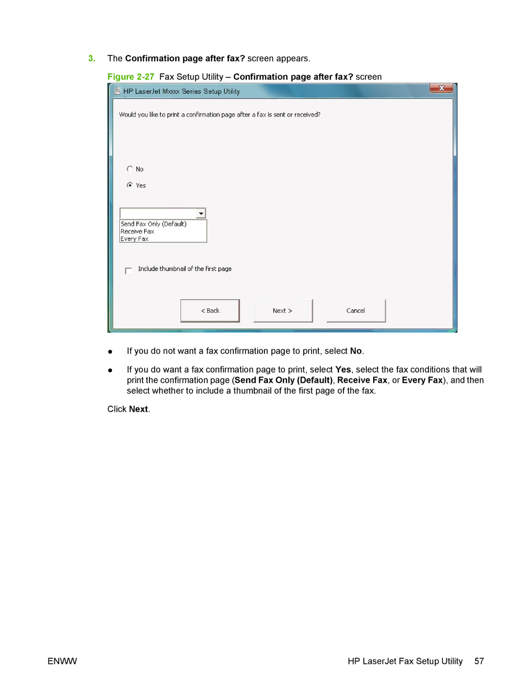 HP M1300 manual Confirmation page after fax? screen appears, 27Fax Setup Utility Confirmation page after fax? screen 