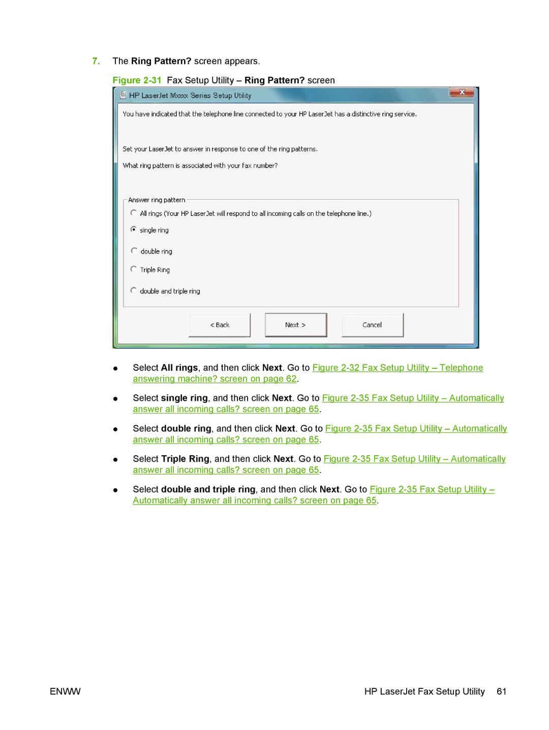 HP M1300 manual 31Fax Setup Utility Ring Pattern? screen 