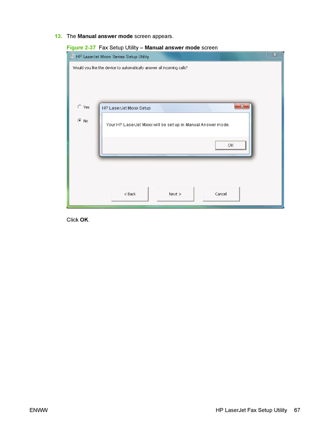 HP M1300 manual 37Fax Setup Utility Manual answer mode screen Click OK 
