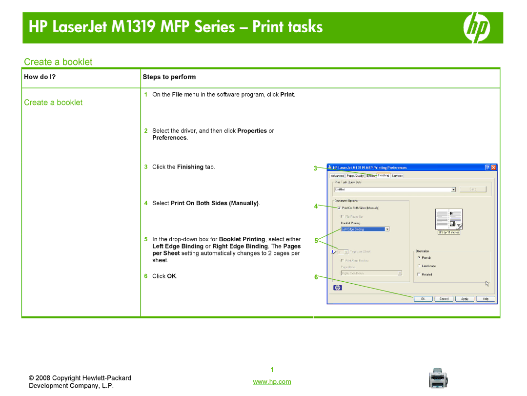 HP M1319 MFP manual Create a booklet, Select Print On Both Sides Manually 