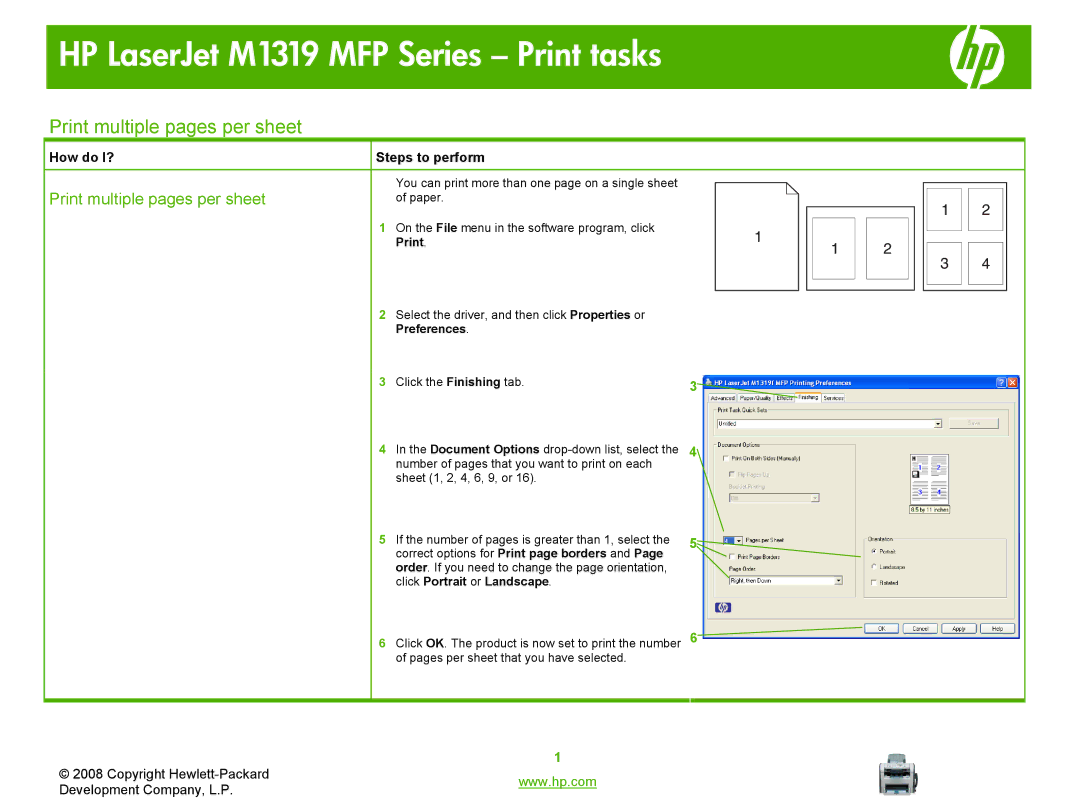 HP M1319 MFP manual Print multiple pages per sheet, Click Portrait or Landscape 