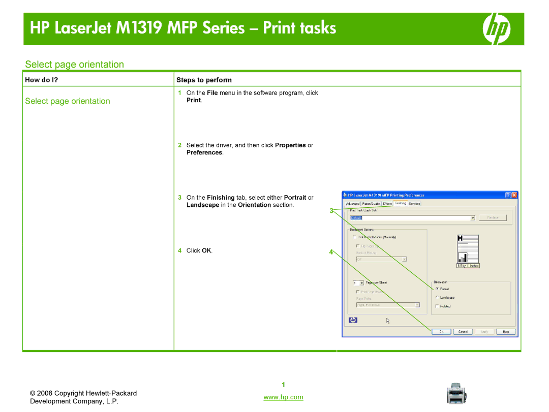 HP M1319 MFP manual Select page orientation 