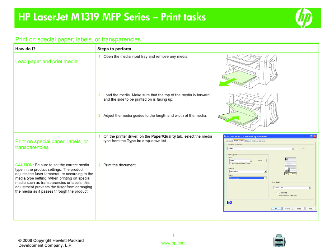 HP M1319 MFP manual Print on special paper, labels, or transparencies, Transparencies 