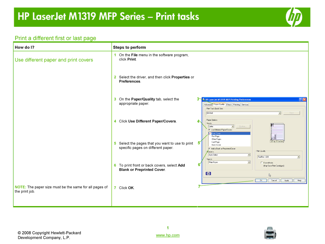 HP M1319 MFP Print a different first or last, Use different paper and print covers, Preferences, Blank or Preprinted Cover 