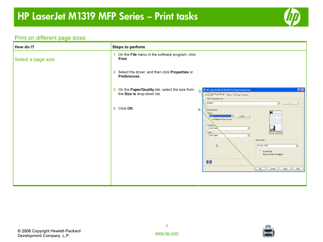 HP M1319 MFP manual Print on different page sizes, Select a page size 