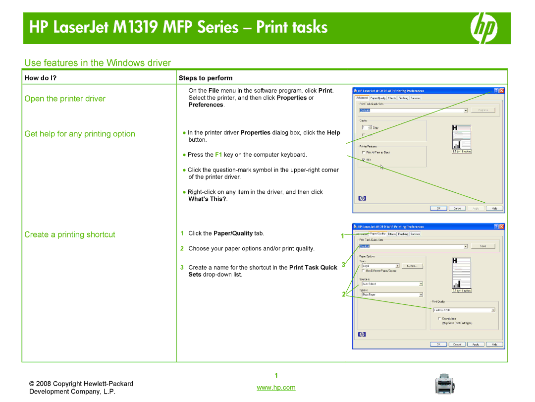 HP M1319 MFP Use features in the Windows driver, Open the printer driver, Get help for any printing option, Whats This? 